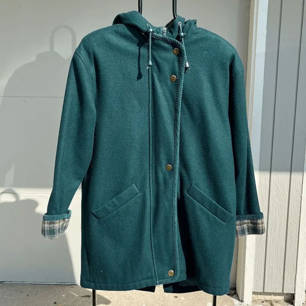 Vintage 80s Herman Kay Forest Green Plaid Hooded Wool Winter Coat, SZ 8
